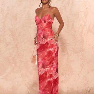 SHEIN BAE Robe longue moulante maxi élégante pour femmes avec camisole à bordure en dentelle à motif floral