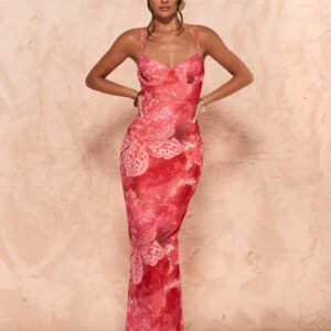 SHEIN BAE Robe longue moulante maxi élégante pour femmes avec camisole à bordure en dentelle à motif floral