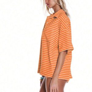 MUSERA Chemise boutonnée à manches courtes surdimensionnée à rayures en velours pour le printemps, l'été, les vacances, la plage, les festivals, Ibiza. Top surdimensionné pour un ensemble coordonné