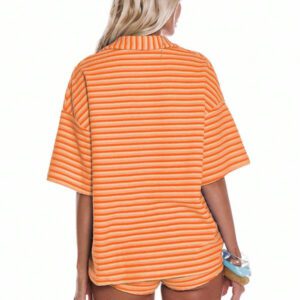 MUSERA Chemise boutonnée à manches courtes surdimensionnée à rayures en velours pour le printemps, l'été, les vacances, la plage, les festivals, Ibiza. Top surdimensionné pour un ensemble coordonné