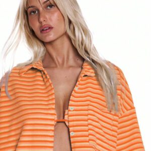 MUSERA Chemise boutonnée à manches courtes surdimensionnée à rayures en velours pour le printemps, l'été, les vacances, la plage, les festivals, Ibiza. Top surdimensionné pour un ensemble coordonné