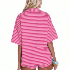 MUSERA Chemise boutonnée à manches courtes surdimensionnée à rayures en velours pour le printemps, l'été, les vacances, la plage, les festivals, Ibiza. Top surdimensionné pour un ensemble coordonné