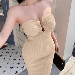 abyoxi Robe longue orange sexy à col en V profond et ourlet sirène, coupe ajustée, avec décoration métallique, col ouvert, tissu texturé, tenue décontractée, simple et élégante, tenue de plage, style fille sexy, printemps et été, nouveaux vêtements pour femmes