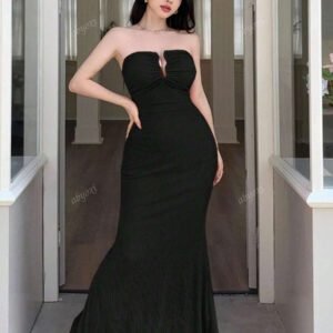 abyoxi Robe longue orange sexy à col en V profond et ourlet sirène, coupe ajustée, avec décoration métallique, col ouvert, tissu texturé, tenue décontractée, simple et élégante, tenue de plage, style fille sexy, printemps et été, nouveaux vêtements pour femmes