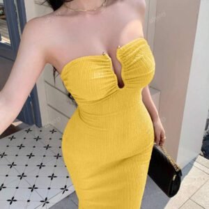 abyoxi Robe longue orange sexy à col en V profond et ourlet sirène, coupe ajustée, avec décoration métallique, col ouvert, tissu texturé, tenue décontractée, simple et élégante, tenue de plage, style fille sexy, printemps et été, nouveaux vêtements pour femmes