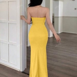 abyoxi Robe longue orange sexy à col en V profond et ourlet sirène, coupe ajustée, avec décoration métallique, col ouvert, tissu texturé, tenue décontractée, simple et élégante, tenue de plage, style fille sexy, printemps et été, nouveaux vêtements pour femmes