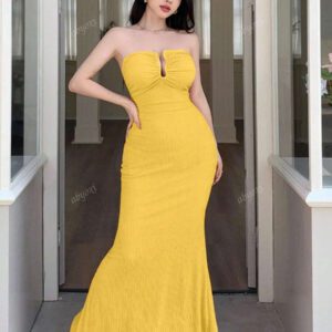 abyoxi Robe longue orange sexy à col en V profond et ourlet sirène, coupe ajustée, avec décoration métallique, col ouvert, tissu texturé, tenue décontractée, simple et élégante, tenue de plage, style fille sexy, printemps et été, nouveaux vêtements pour femmes