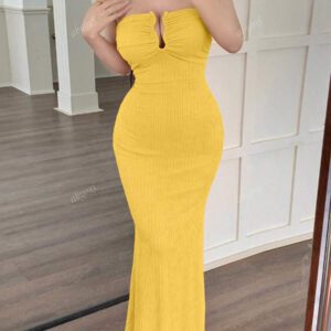 abyoxi Robe longue orange sexy à col en V profond et ourlet sirène, coupe ajustée, avec décoration métallique, col ouvert, tissu texturé, tenue décontractée, simple et élégante, tenue de plage, style fille sexy, printemps et été, nouveaux vêtements pour femmes