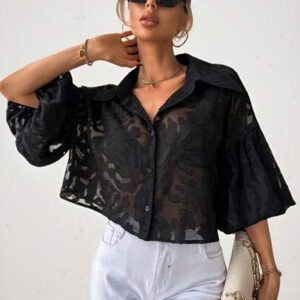 Aveloria Modichic Chemise à manches de lanterne à boutons Jacquard pour femmes