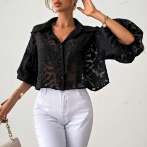 Aveloria Modichic Chemise à manches de lanterne à boutons Jacquard pour femmes