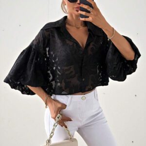 Aveloria Modichic Chemise à manches de lanterne à boutons Jacquard pour femmes
