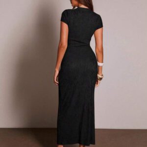 Athîral Robe longue femme à manches courtes en kaki froissé, tenue de vacances extensible
