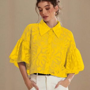 Aveloria Modichic Chemise à manches de lanterne à boutons Jacquard pour femmes