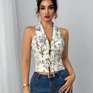Elenzga Style de plage printemps/été Blouse en mousseline de soie à nœud papillon, bohème
