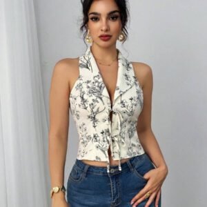 Elenzga Style de plage printemps/été Blouse en mousseline de soie à nœud papillon, bohème