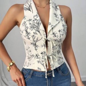 Elenzga Style de plage printemps/été Blouse en mousseline de soie à nœud papillon, bohème