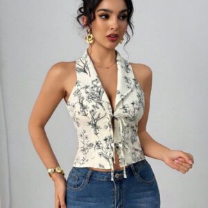 Elenzga Style de plage printemps/été Blouse en mousseline de soie à nœud papillon, bohème