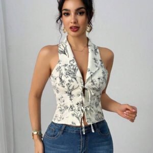 Elenzga Style de plage printemps/été Blouse en mousseline de soie à nœud papillon, bohème