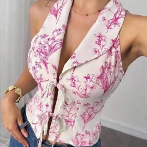 Elenzga Style de plage printemps/été Blouse en mousseline de soie à nœud papillon, bohème