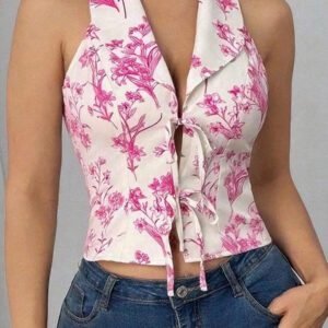 Elenzga Style de plage printemps/été Blouse en mousseline de soie à nœud papillon, bohème