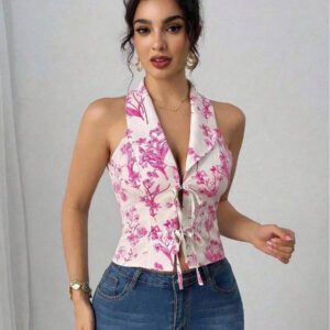 Elenzga Style de plage printemps/été Blouse en mousseline de soie à nœud papillon, bohème