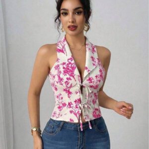 Elenzga Style de plage printemps/été Blouse en mousseline de soie à nœud papillon, bohème
