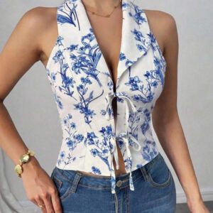 Elenzga Style de plage printemps/été Blouse en mousseline de soie à nœud papillon, bohème
