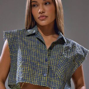 MUSERA Chemise à carreaux boutonnée sans manches, style crop. Printemps, été, streetwear, Y2K, fille cool, automne retour à l'école
