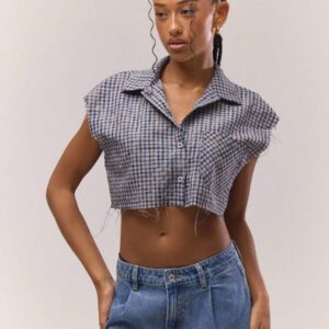 MUSERA Chemise à carreaux boutonnée sans manches, style crop. Printemps, été, streetwear, Y2K, fille cool, automne retour à l'école