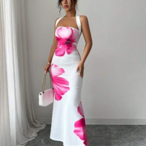 Elenzga Robe midi d'été 2025 pour femmes à imprimé floral avec attache au cou et à la taille ajustée
