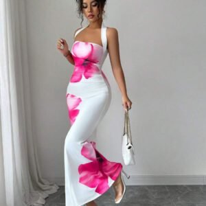 Elenzga Robe midi d'été 2025 pour femmes à imprimé floral avec attache au cou et à la taille ajustée