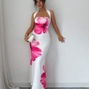 Elenzga Robe midi d'été 2025 pour femmes à imprimé floral avec attache au cou et à la taille ajustée