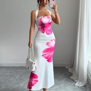 Elenzga Robe midi d'été 2025 pour femmes à imprimé floral avec attache au cou et à la taille ajustée