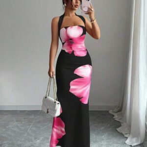 Elenzga Robe midi d'été 2025 pour femmes à imprimé floral avec attache au cou et à la taille ajustée