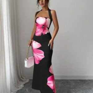 Elenzga Robe midi d'été 2025 pour femmes à imprimé floral avec attache au cou et à la taille ajustée