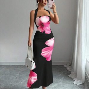 Elenzga Robe midi d'été 2025 pour femmes à imprimé floral avec attache au cou et à la taille ajustée