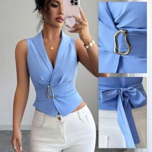 Elenzga Chemise à boutons bleus en métal de style "Old Money" digne pour femmes