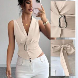 Elenzga Chemise à boutons bleus en métal de style "Old Money" digne pour femmes