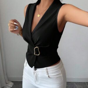 Elenzga Chemise à boutons bleus en métal de style "Old Money" digne pour femmes