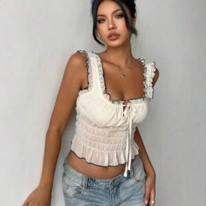 Aloruh Blouse ajustée femme à couleurs contrastées avec ourlet plissé abricot pour rendez-vous romantiques