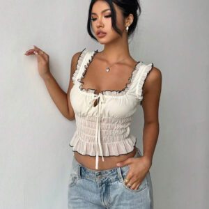 Aloruh Blouse ajustée femme à couleurs contrastées avec ourlet plissé abricot pour rendez-vous romantiques