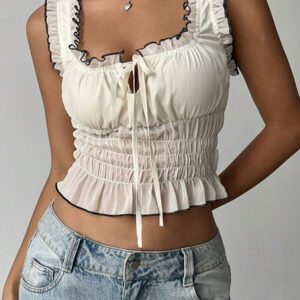 Aloruh Blouse ajustée femme à couleurs contrastées avec ourlet plissé abricot pour rendez-vous romantiques