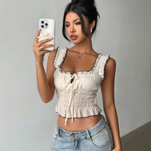 Aloruh Blouse ajustée femme à couleurs contrastées avec ourlet plissé abricot pour rendez-vous romantiques