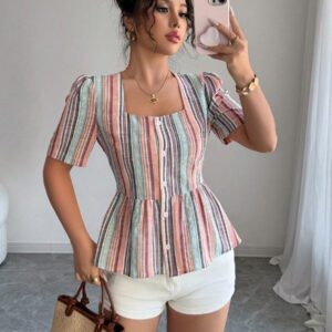 Elenzga Blouse élégante et décontractée à manches courtes avec volants et rayures, coupe slim, style romantique français, pour femmes