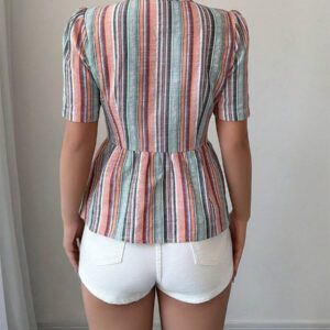 Elenzga Blouse élégante et décontractée à manches courtes avec volants et rayures, coupe slim, style romantique français, pour femmes