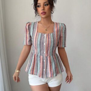 Elenzga Blouse élégante et décontractée à manches courtes avec volants et rayures, coupe slim, style romantique français, pour femmes