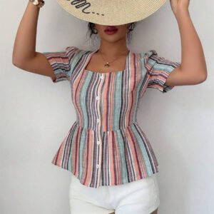 Elenzga Blouse élégante et décontractée à manches courtes avec volants et rayures, coupe slim, style romantique français, pour femmes
