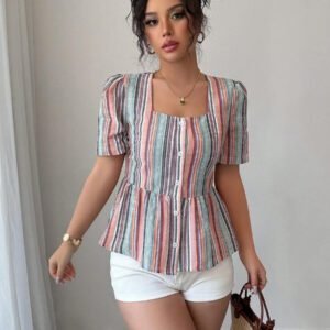Elenzga Blouse élégante et décontractée à manches courtes avec volants et rayures, coupe slim, style romantique français, pour femmes