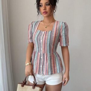 Elenzga Blouse élégante et décontractée à manches courtes avec volants et rayures, coupe slim, style romantique français, pour femmes