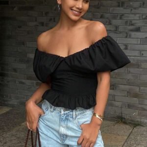 Livesso Blouse courte élégante sans bretelles et épaules dénudées, couleur unie, automne